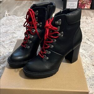 Lucky Brand Black Heeled Boots with Red Laces